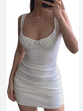 OFF WHITE TANK BODYCON MINI DRESS W/GATHERED SWEETHEART NECKLINE WOMENS SZ M
